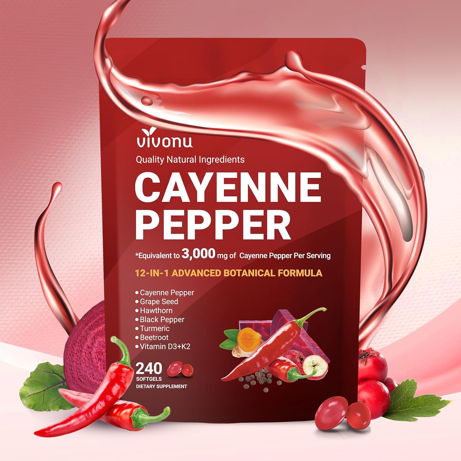 Vitamin D3 K2 Drop - VivoNu Cayenne Pepper Softgels Supplement, ondersteunt