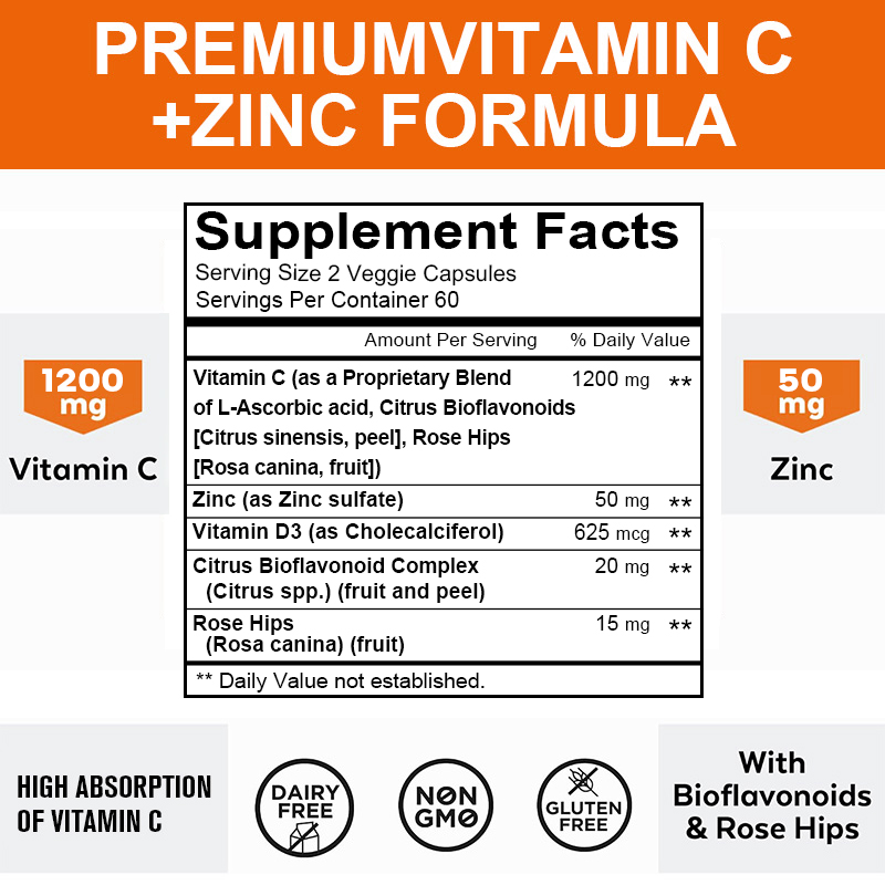 Zinc Supplement 50Mg - 1200-mg vitamine C-capsules - met zink